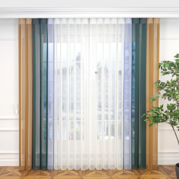 Hardal Sarısı, Kına Yeşili ve Bebe Mavisi Renkli Çizgili Dikey Tül Perde DT_16_27_30_02 - Görsel 1