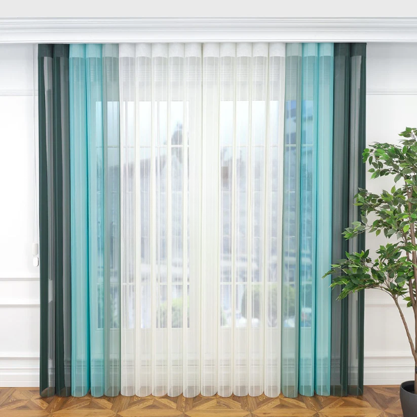 Kına Yeşili, Mint Yeşili ve Mentol Yeşili Renk Bloklu Çizgili Dikey Tül Perde Ürün Kodu: DT_27_26_25_02 - Görsel 1