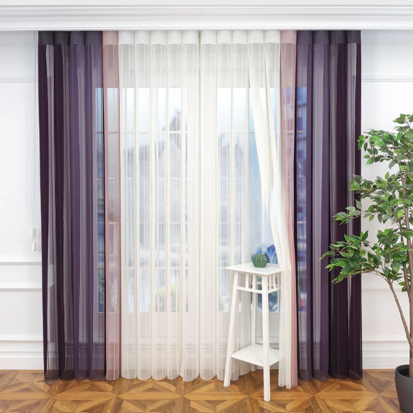 Mürdüm, Mor ve Pudra Pembesi Renkli Çizgili Dikey Tül Perde DT_22_23_18_02 - Görsel 4