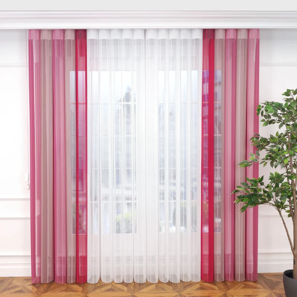 Pembe, Pudra Pembesi ve Fuşya Renklli Çizgili Dikey Tül Perde DT_19_18_20_02 - Görsel 1