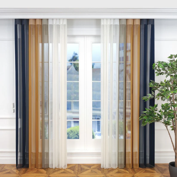 Petrol Mavisi, Hardal Sarısı ve Bej Renkli Çizgili Dikey Tül Perde DT_33_16_09_02 - Görsel 3