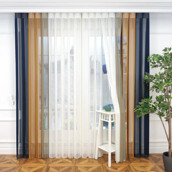 Petrol Mavisi, Hardal Sarısı ve Bej Renkli Çizgili Dikey Tül Perde DT_33_16_09_02 - Görsel 4