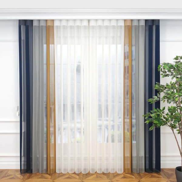 Petrol Mavisi, Açık Gri ve Hardal Sarısı Renkli Çizgili Dikey Tül Perde DT_33_12_16_02 - Görsel 1