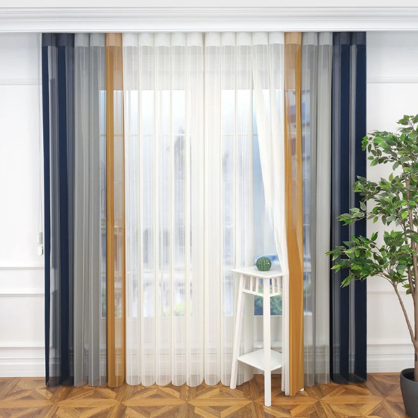 Petrol Mavisi, Açık Gri ve Hardal Sarısı Renkli Çizgili Dikey Tül Perde DT_33_12_16_02 - Görsel 4