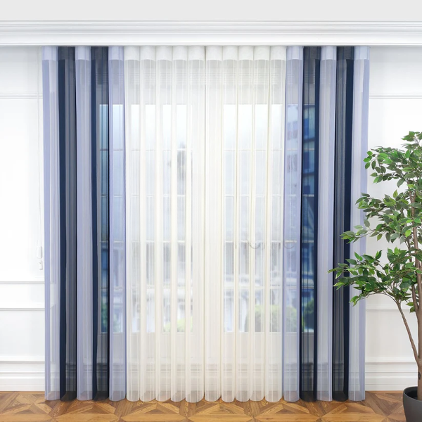 Petrol Mavisi ve Bebe Mavisi Renkli Çizgili Dikey Tül Perde DT_33_30_02 - Görsel 1