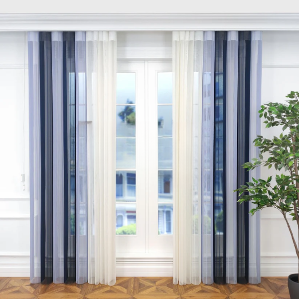Petrol Mavisi ve Bebe Mavisi Renkli Çizgili Dikey Tül Perde DT_33_30_02 - Görsel 3