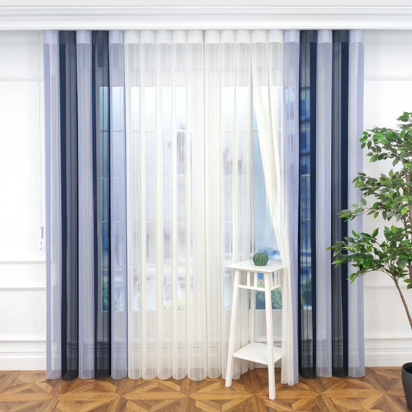 Petrol Mavisi ve Bebe Mavisi Renkli Çizgili Dikey Tül Perde DT_33_30_02 - Görsel 4