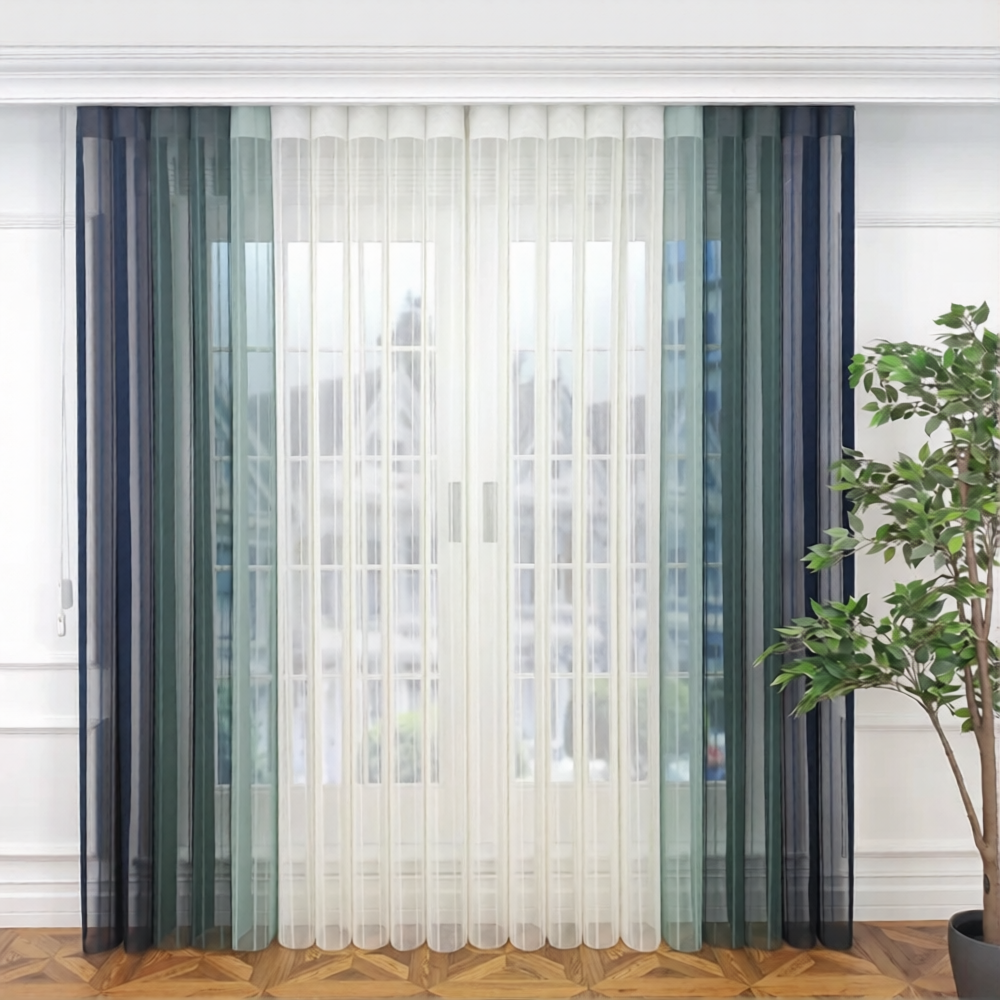 Petrol Mavisi, Kına Yeşili ve Mentol Yeşili Renkli Çizgili Dikey Tül Perde DT_33_27_25_02 - Görsel 1