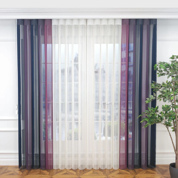 Petrol Mavisi, Mor ve Gül Kurusu Renkli Çizgili Dikey Tül Perde DT_33_23_21_02 - Görsel 1