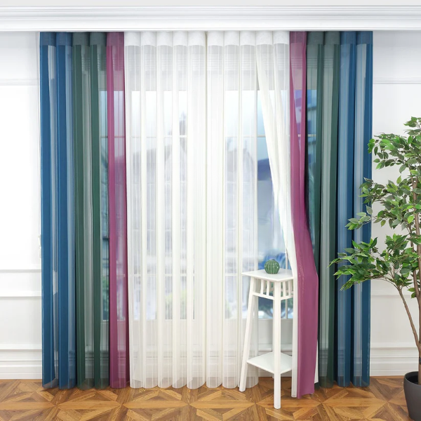 Turkuaz, Kına Yeşili ve Gül Kurusu Renkli Çizgili Dikey Tül Perde DT_32_27_21_02 - Görsel 4