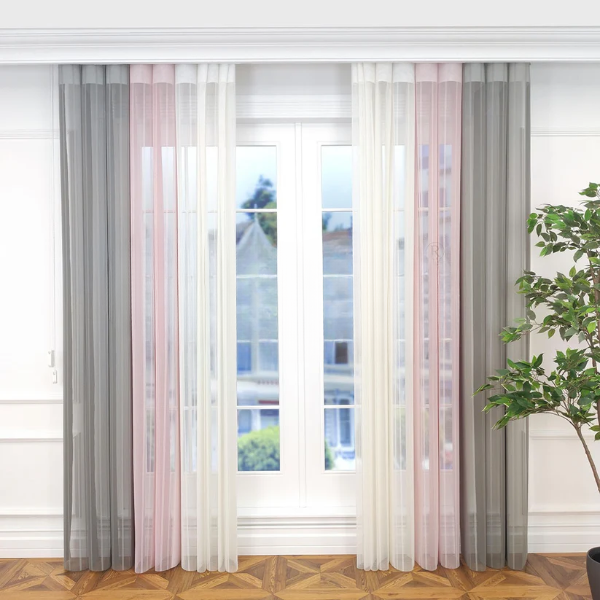 Yavru Ağzı ve Açık Gri Renkli Çizgili Dikey Tül Perde DT_05_12_02 - Görsel 3
