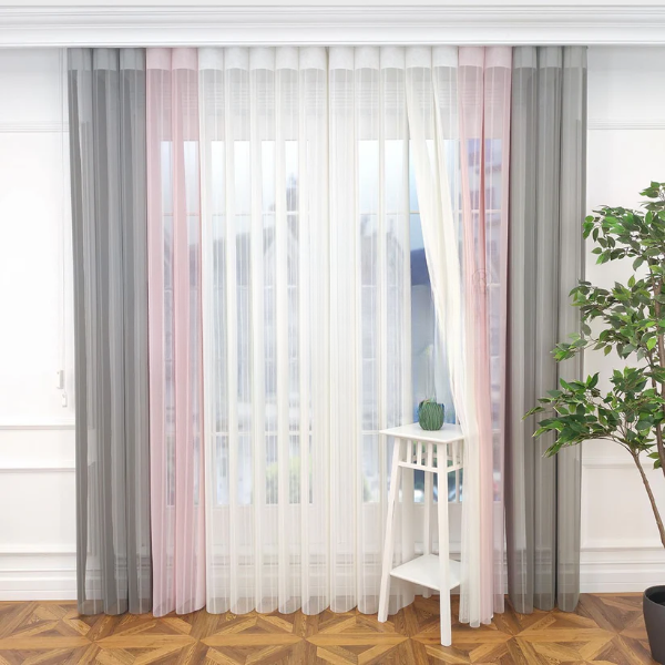 Yavru Ağzı ve Açık Gri Renkli Çizgili Dikey Tül Perde DT_05_12_02 - Görsel 4